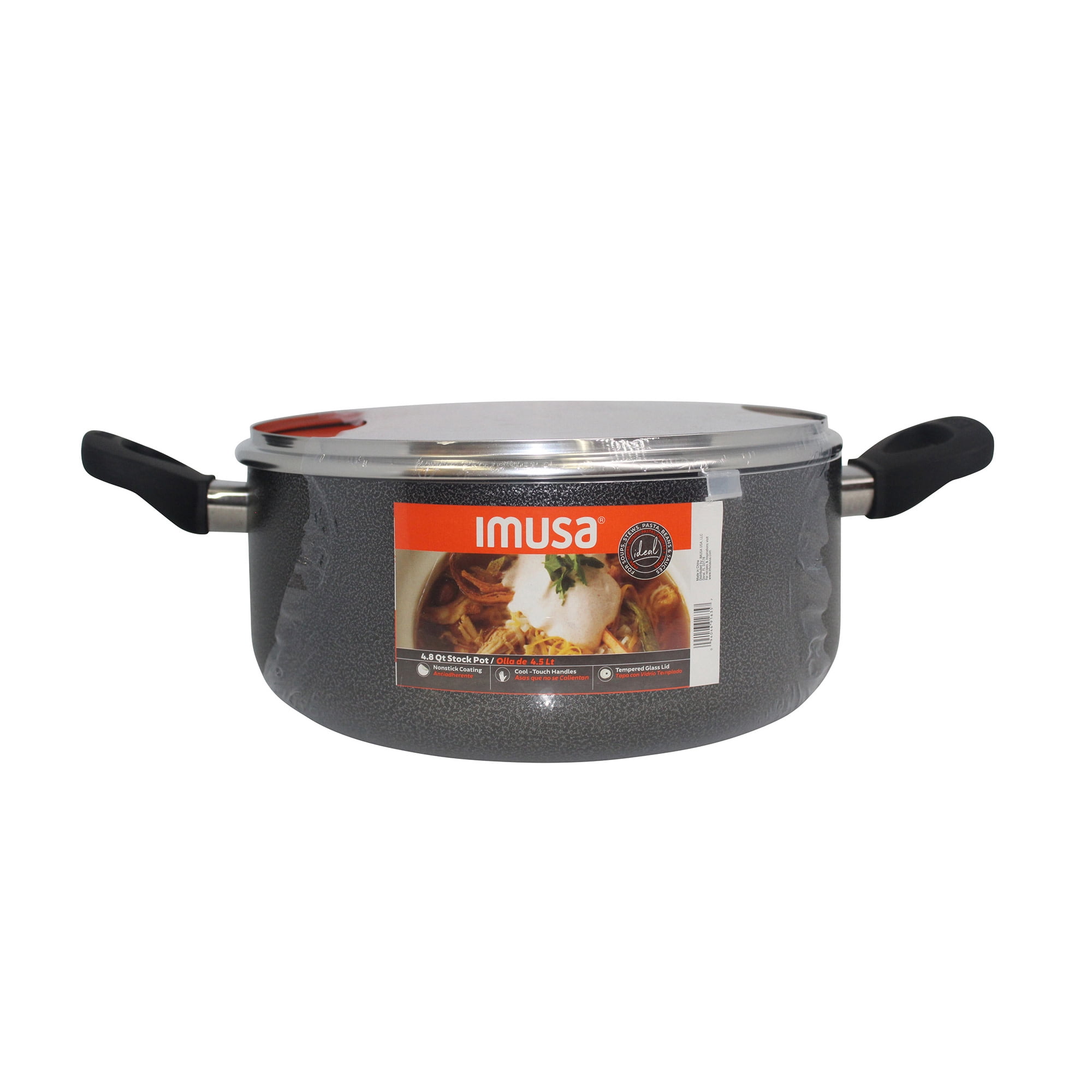 IMUSA 4.8qt Charcoal Aluminum Nonstick Stock Pot with Glass Lid & Soft touch Handles, Black