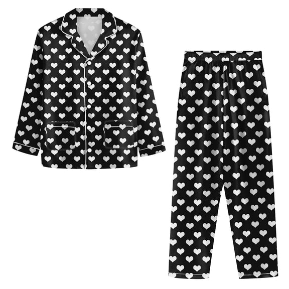 Iaqnaocc Valentines Pajamas for Women Novelty Heart Print Pjs Sleepwear Holiday 2 Piece Silk Pajamas Cozy Button Long Sleeve Matching Pajamas Sets Black XXL