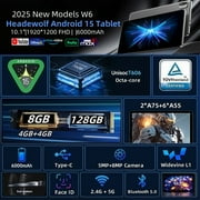 Android 15 Tablet 10 Inch 1920x1200 FHD Display, Unisoc T606, 8+128GB Storage, 6000mAh Battery, Dual Camera, for Work, Study Headwolf WPad6