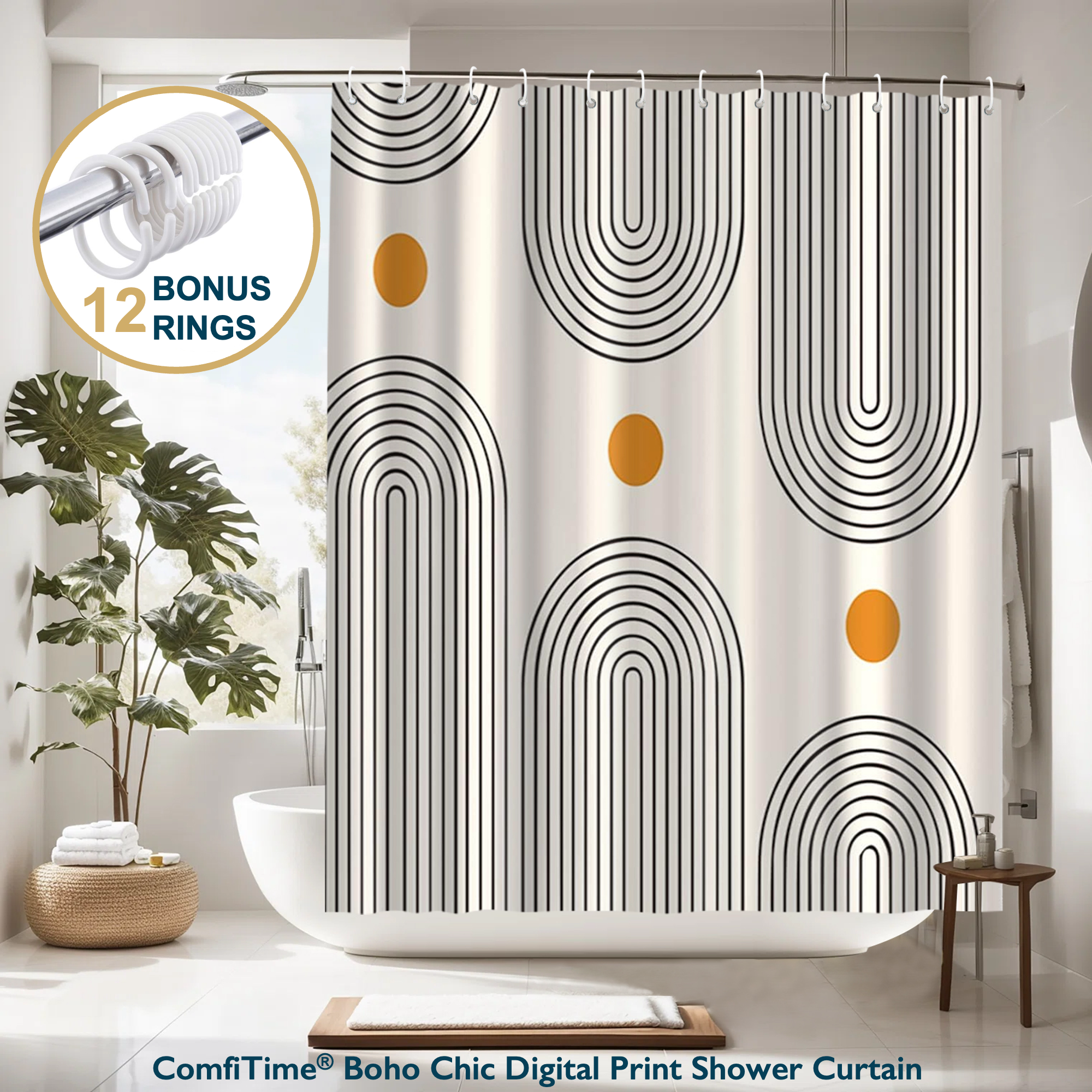 ComfiTime Boho Shower Curtain, 72"x72", 12 Hooks photo 1