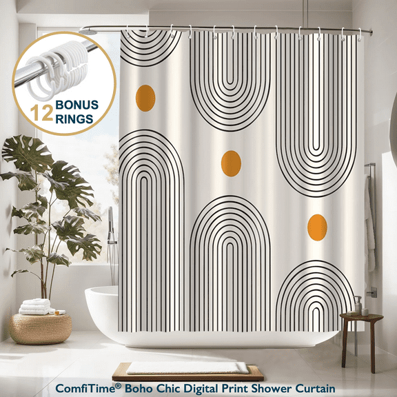 ComfiTime Boho Shower Curtain with Hooks – Heavy-Duty Mold/Mildew-Resistant, Weighted-Hem Fabric Bathroom Curtain, Water-Repellent, Machine-Washable, Fade-Resistant, 72 x 72