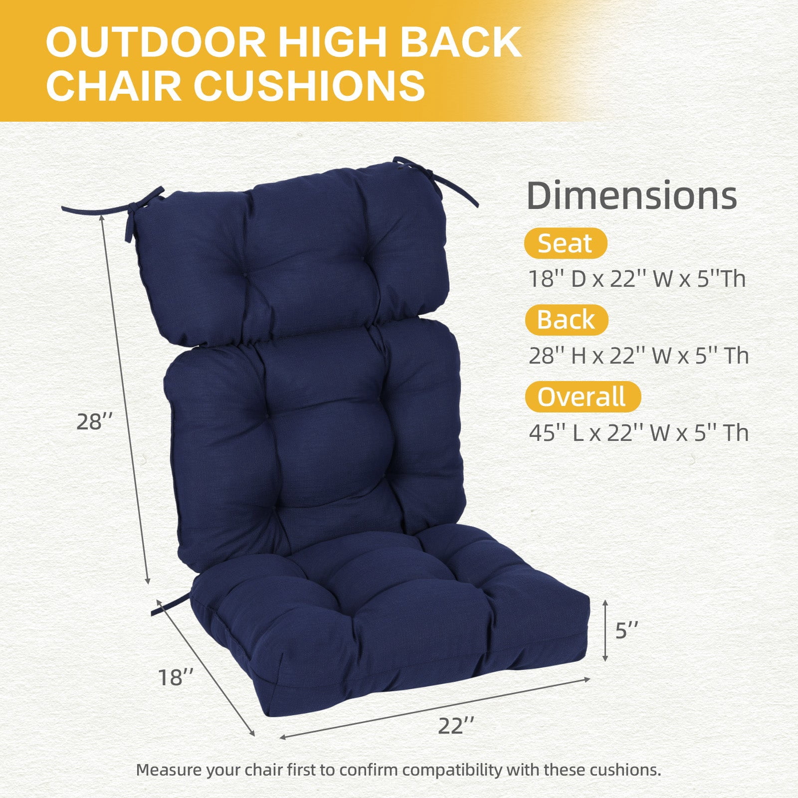 BPS Outdoor Chair Cushions, 45x22x5 Inch High Back Patio Dining Seat Cushion, Tufted Pads Set of 2, Dark Blue