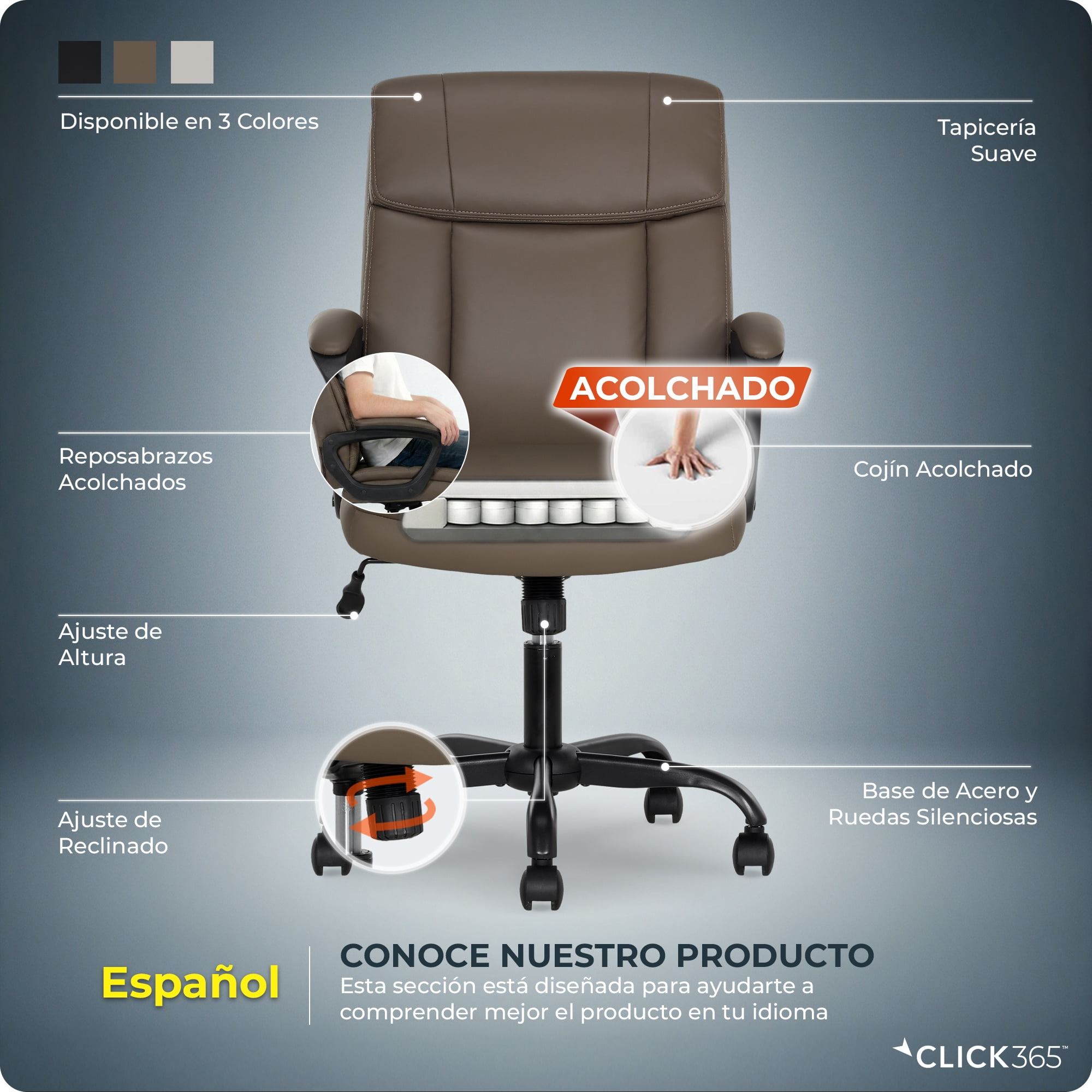 Click365 Click365 Adult Polyurathane Mid Back Indoor Commercial Ergonomic Office Chairs Hardware Kit, Brown
