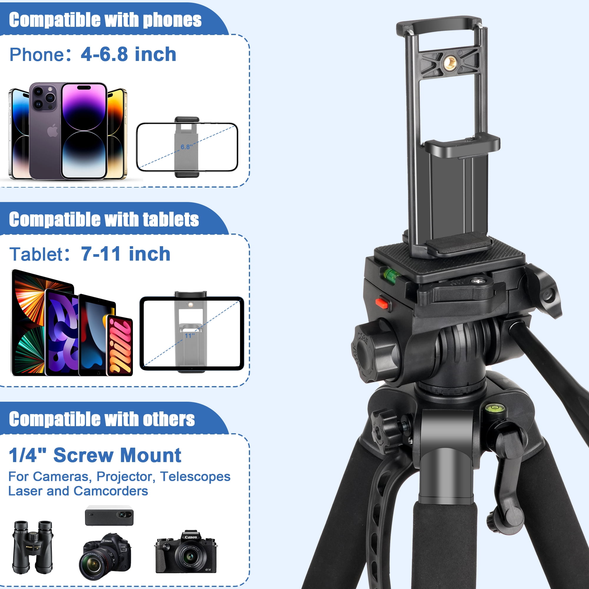 Meromore 71" Camera Tripods, Tripod Stand for Camera Phone Video Recording, Heavy Duty Camera Tripod Stand, Professional Travel DSLR Tripods Compatible with Canon Smartphone, Max Load 11 LB