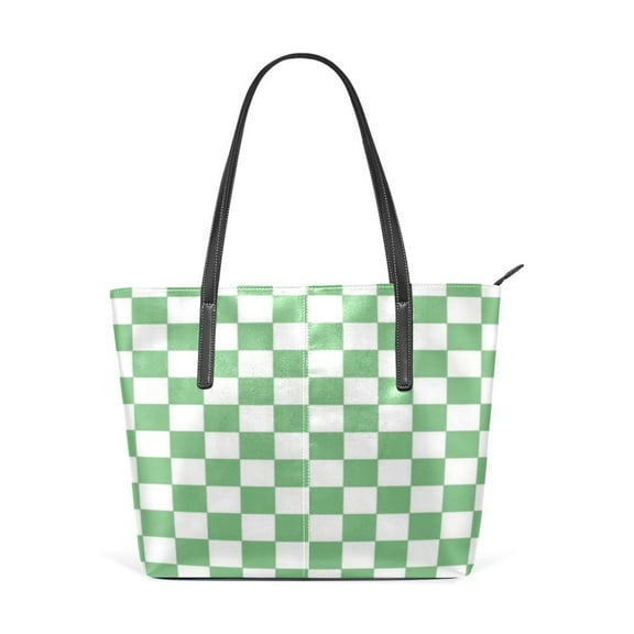 Tote Bag Aesthetic leather Handbags with Zipper for Women Travel Shoulder Bags Purses with compartment. Green Checkerboard