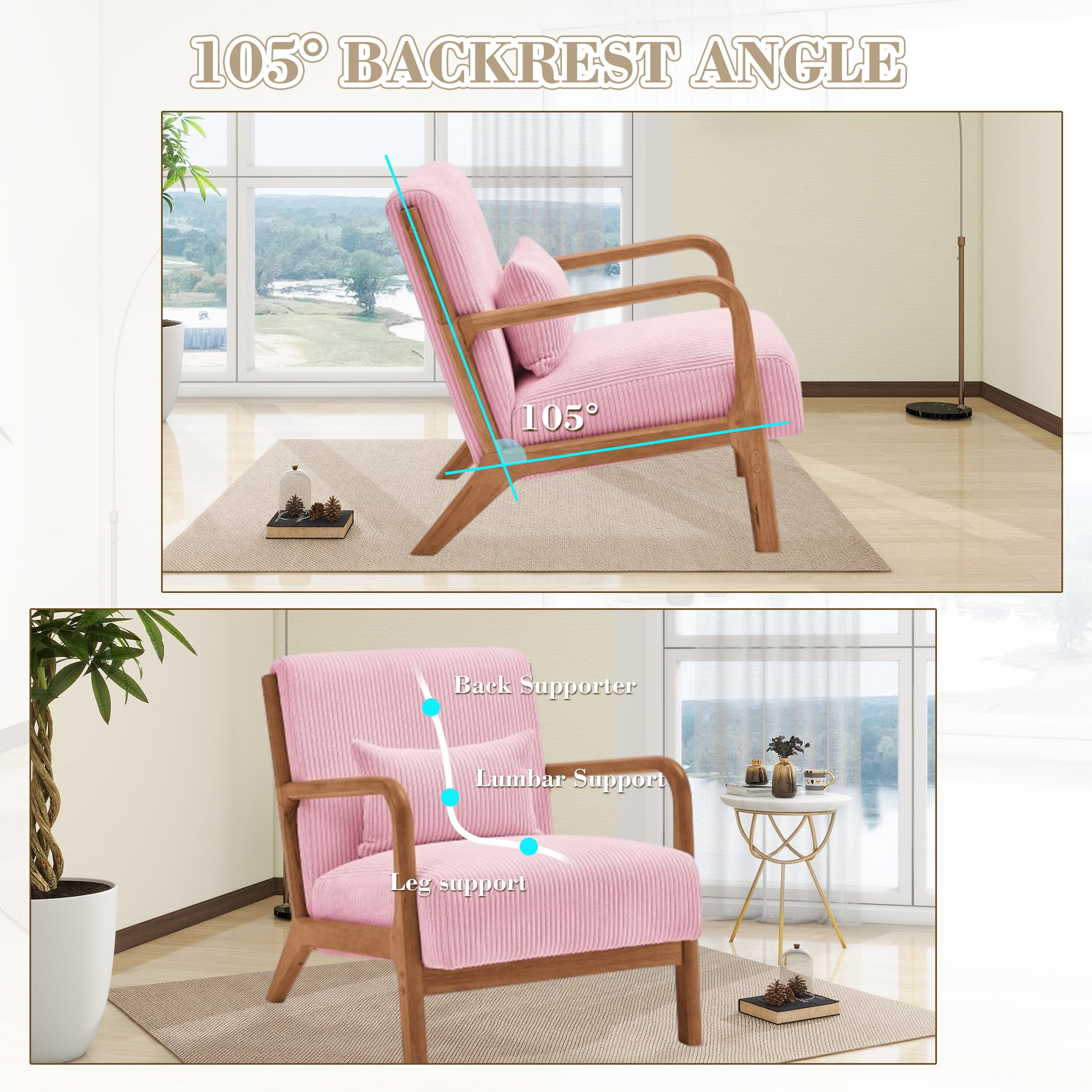 MOONMISS Mid Century Modern Accent Chair for Living Room Bedroom, Pink