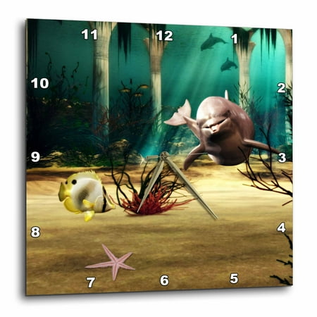 Atlantis Clock - 3dRose Dolphin In Atlantis - Wall Clock, 10 by 10-inch