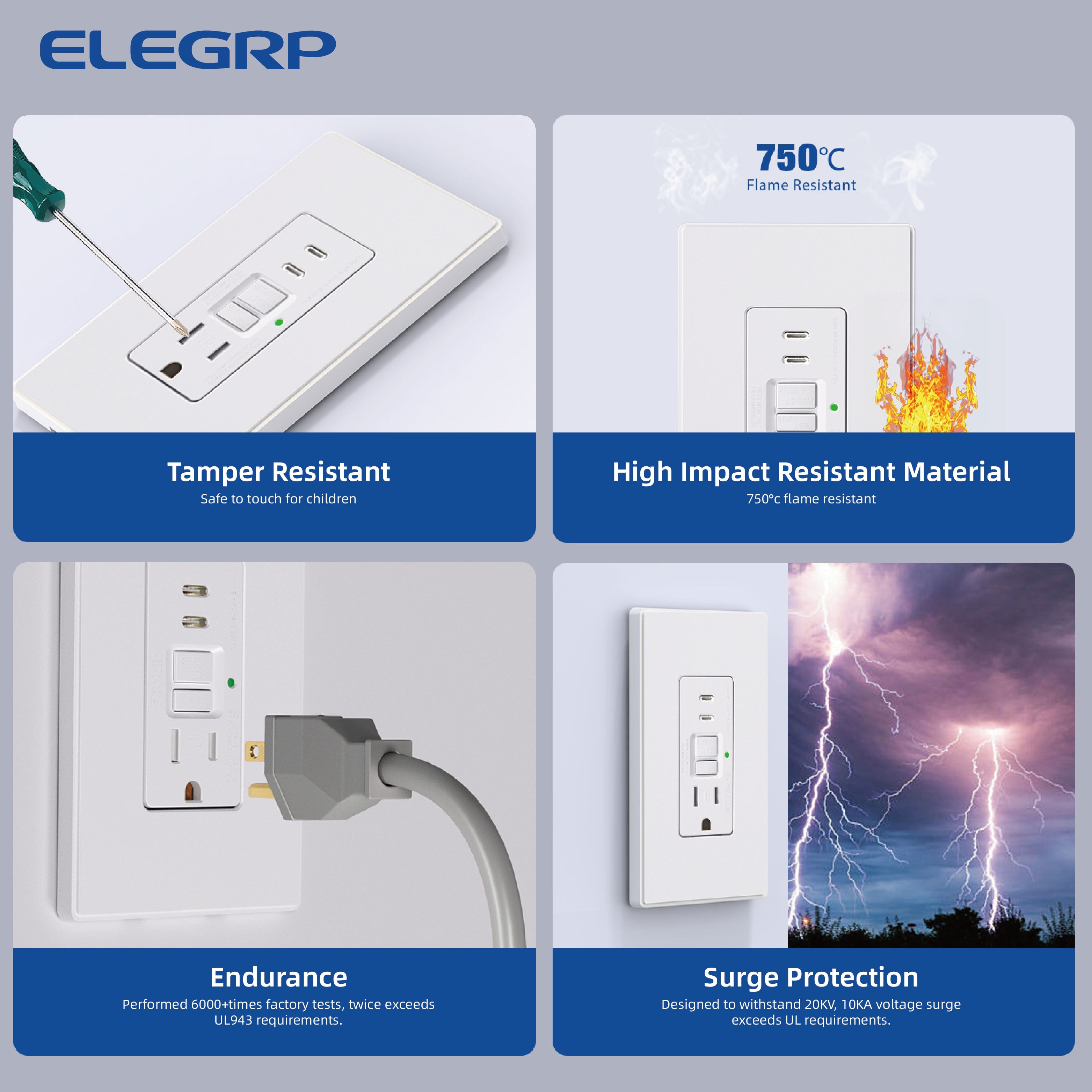 ELEGRP 15 Amp Tamper Resistant Self-Test GFCI Outlet & 24W In-Wall USB Charger combo Receptacle, Dual Type C, Midsize Screwless Wall Plate included, UL & CUL Listed, White, 3 pack