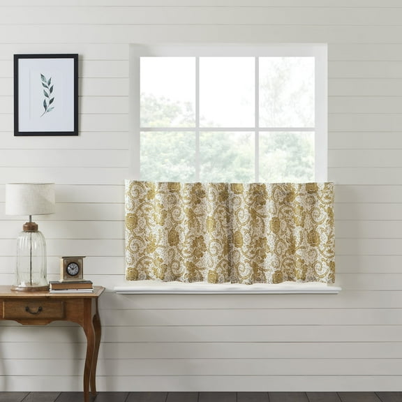 VHC Brands Dorset, Farmhouse Cafe Tier Curtain, Floral, Gold, 24x36, Set of 2