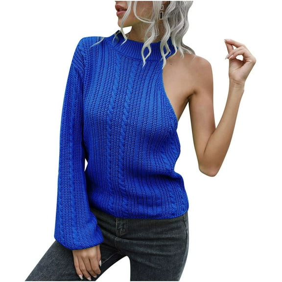 Womens Fall Fashion 2022! QLEICOM Sweaters for Women, Women's Casual Round Neck Solid Color Leaking Shoulder Long Sleeve Pullover Knitted Sweater Tops On Clearance