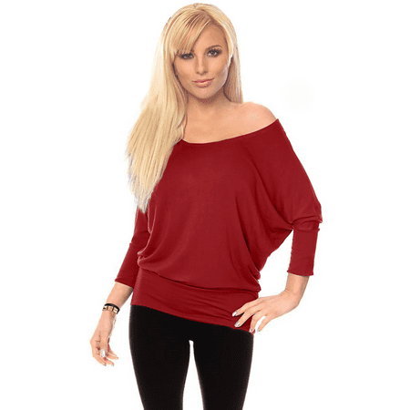 Dolman 3/4 Sleeve Off The Shoulder Drape Top with Banded Waist - Made in