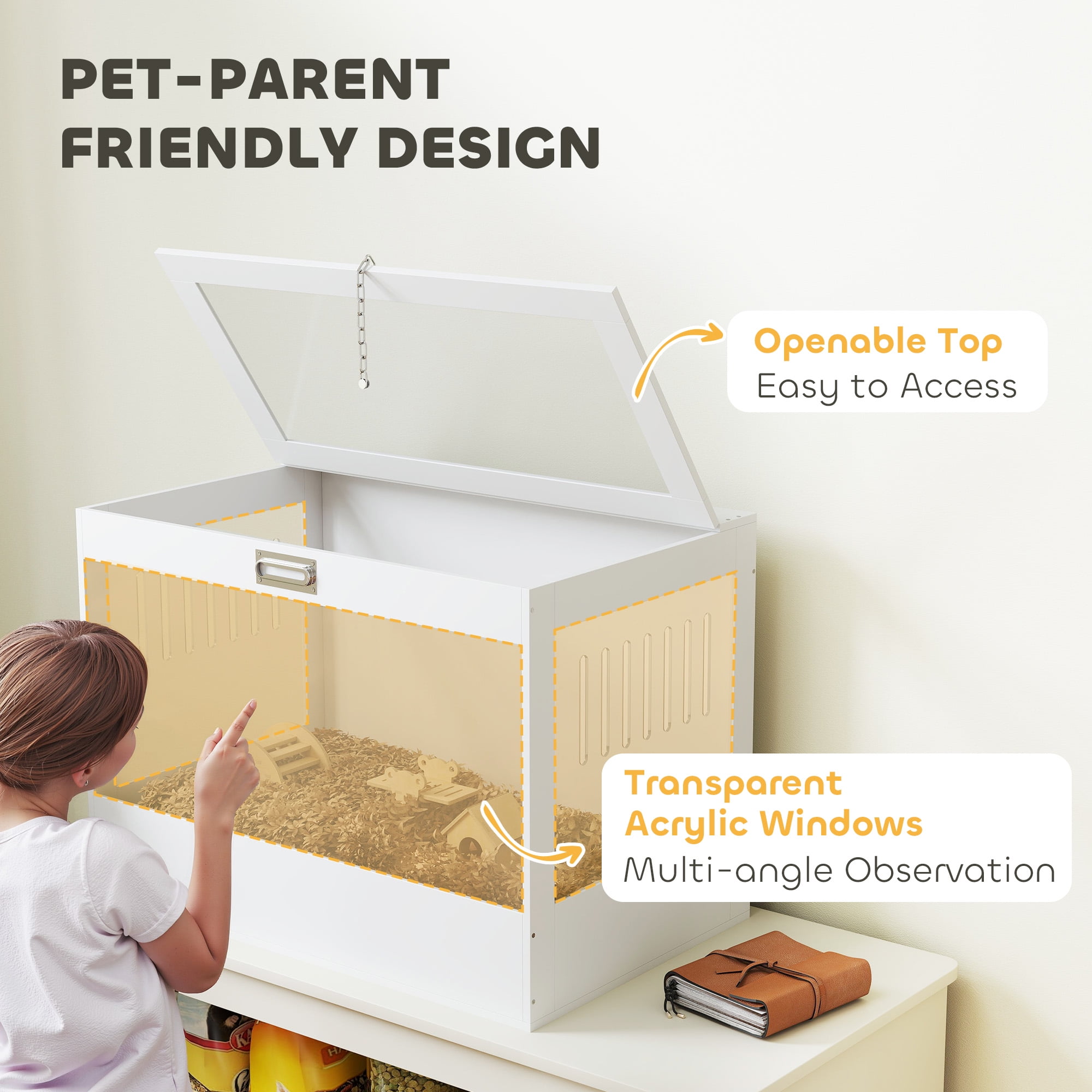 PawHut Hamster Cage with Openable Top, Hut, Seesaw, Ladder, Transparent Acrylic Panel Small Animal Habitat for Dwarf Hamster Gerbil, White