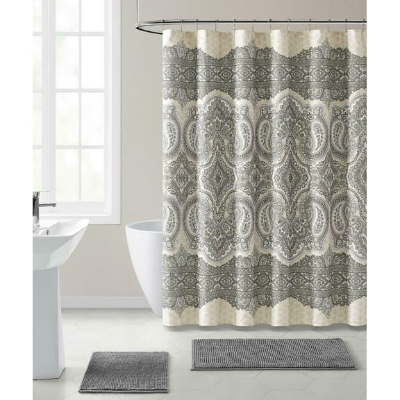 French Chateau Gray Paisley Chic Premium Fabric Shower/Bath Curtain - 70 in. W x 72 in. L (Standard Size)