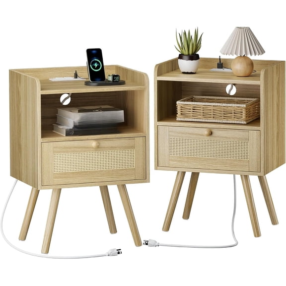 Bedside table set of 2, bedside table with charging station and PE rattan decorative drawer