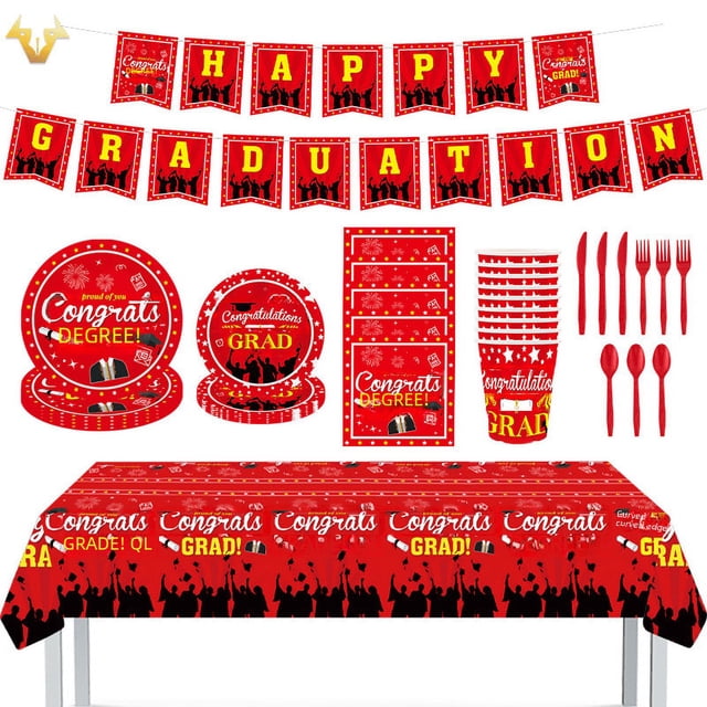 Juego de fiesta de temporada de graduación roja Bandeja de papel de seda Vaso de papel Mantel Suministros desechables para fiestas