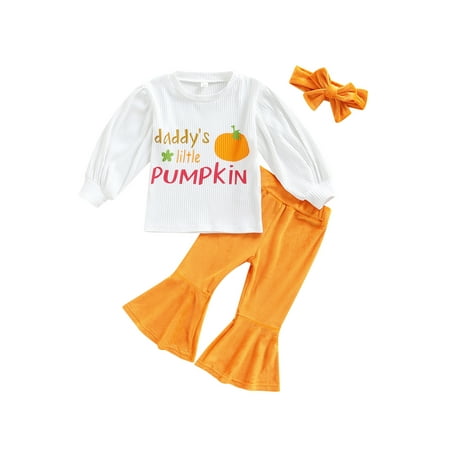 

Karuedoo 3pcs Baby Girl Halloween Outfits Puff Sleeve Daddy s Little Pumpkin Tops Flare Pants Headband Orange 4-5 Years