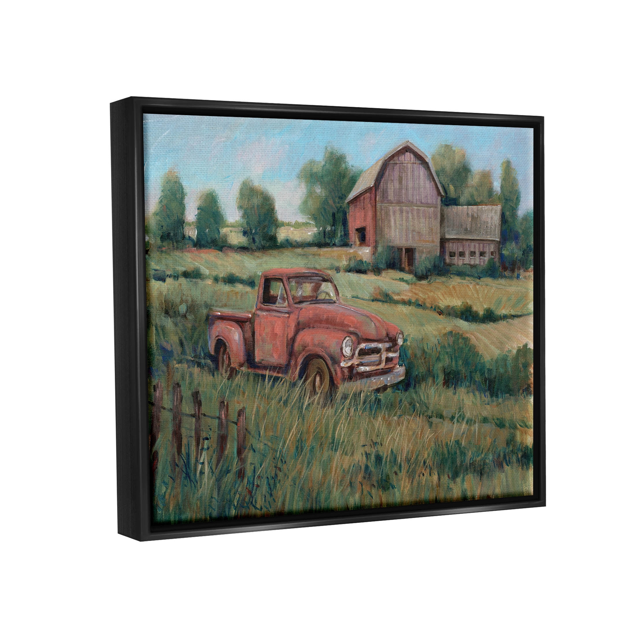 Stupell Industries Peaceful Farmland Truck Barn Scene Painting Jet Black Floating Framed Canvas Print Wall Art, Design by Tim OToole