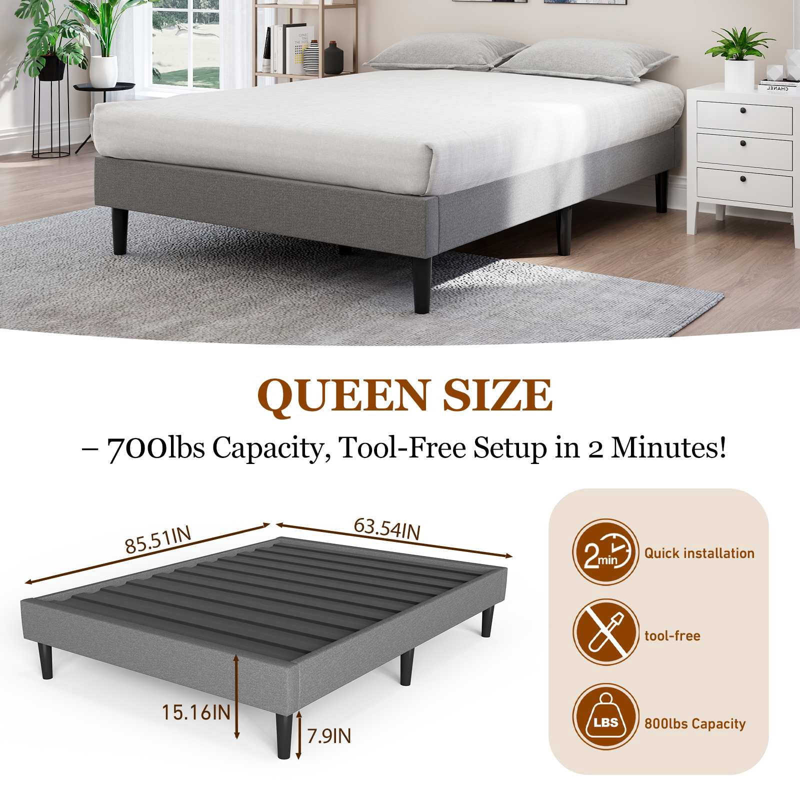 Queen Size Platform Bed Frame, Tool-Free 2-Min Assembly, Sturdy Wooden Bed Base, No Box Spring Needed Mattress Foundation, Ideal for Modern Bedrooms, Apartments, and Hotels