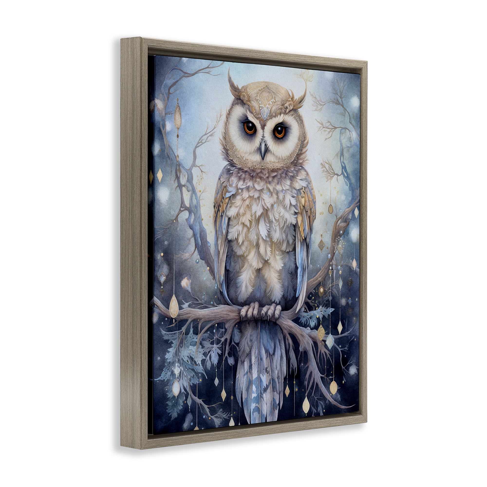 Stupell Industries Owl on Twinkling Branch Animals & Insects Painting Brown Floater Framed Canvas Art Print Wall Art, 17 x 21