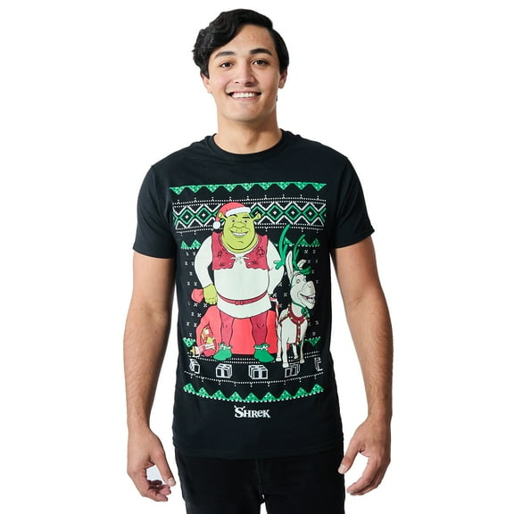 Shrek & Donkey Holiday Sweater Pattern Men's Charcoal Crew Neck Short Sleeve T-shirt-Medium