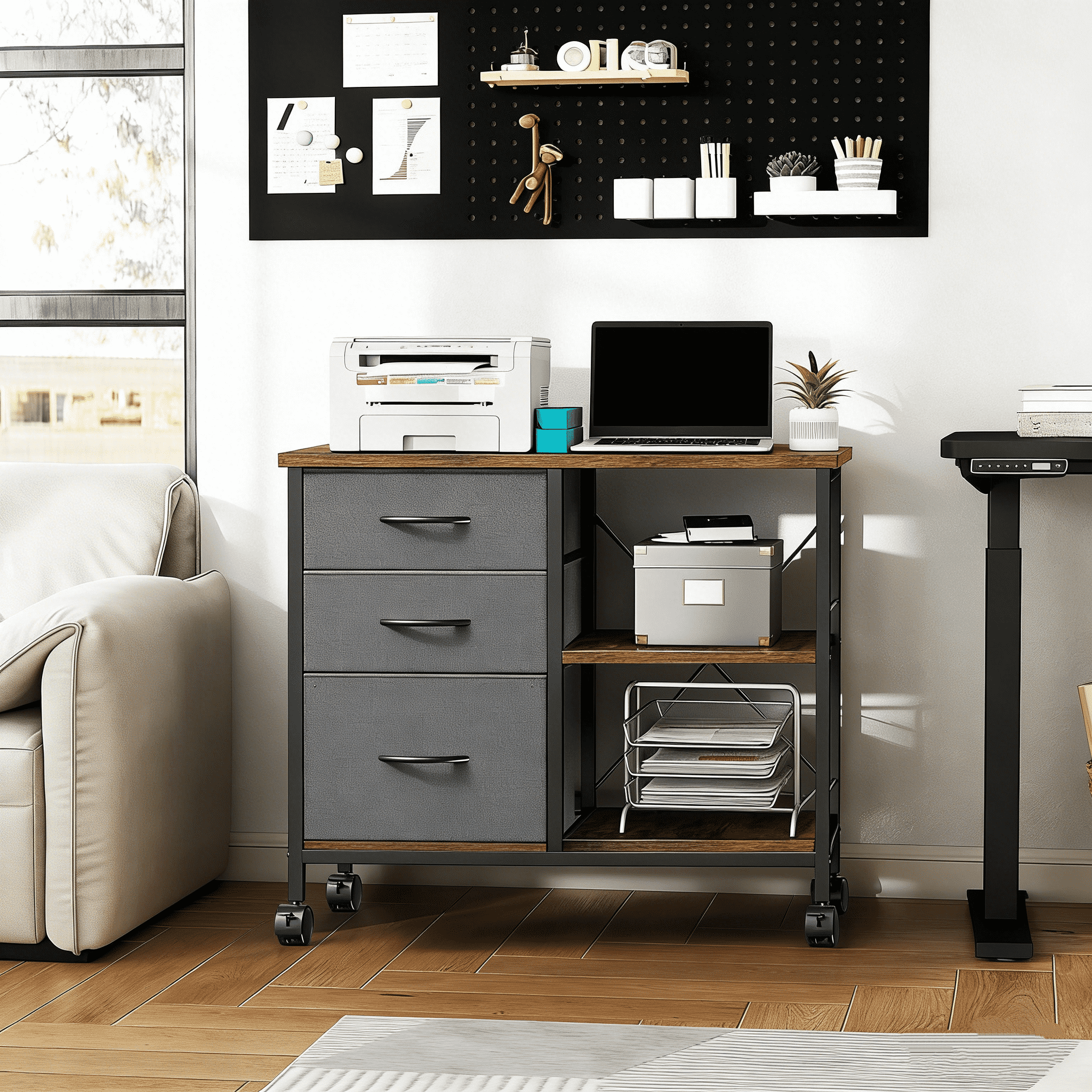 3-Tier Mobile File Cabinet, Rolling Printer Stand with Storage and Back Support Bar, 3 Drawer Lateral File Cabinet Holds 110lbs, for Home Office in Rustic Brown