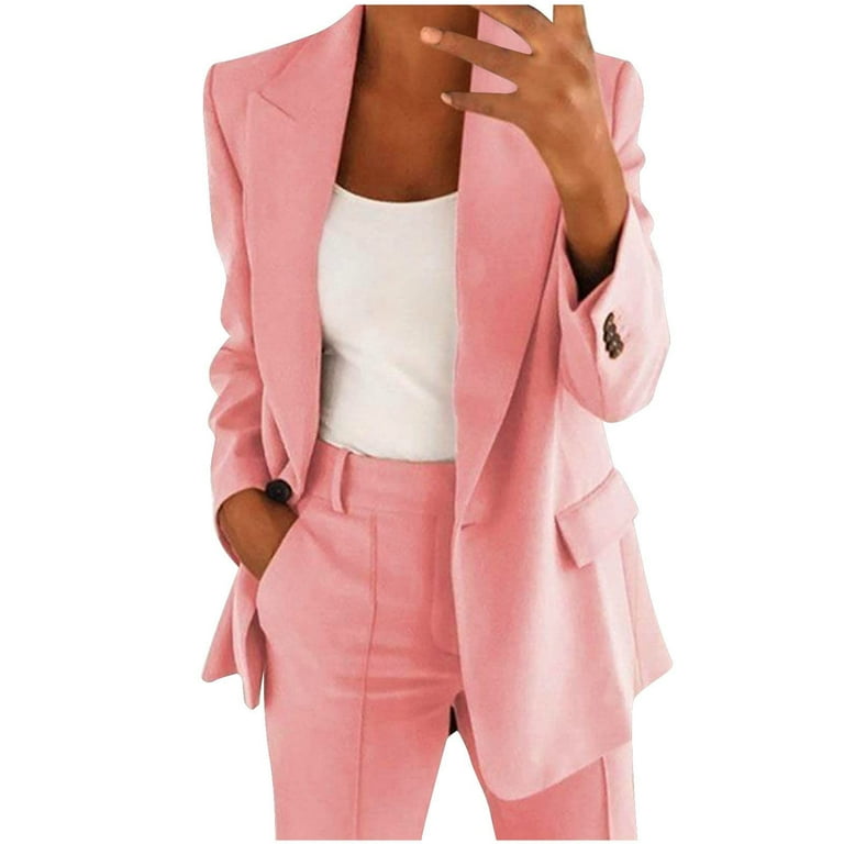 safuny Women's Workout Elegant Business Suit Sets 2Pc Holiday Retro Solid  Button Pocket Long Sleeve Lapel Blazer Coat High Waist Pants Casual Relaxed