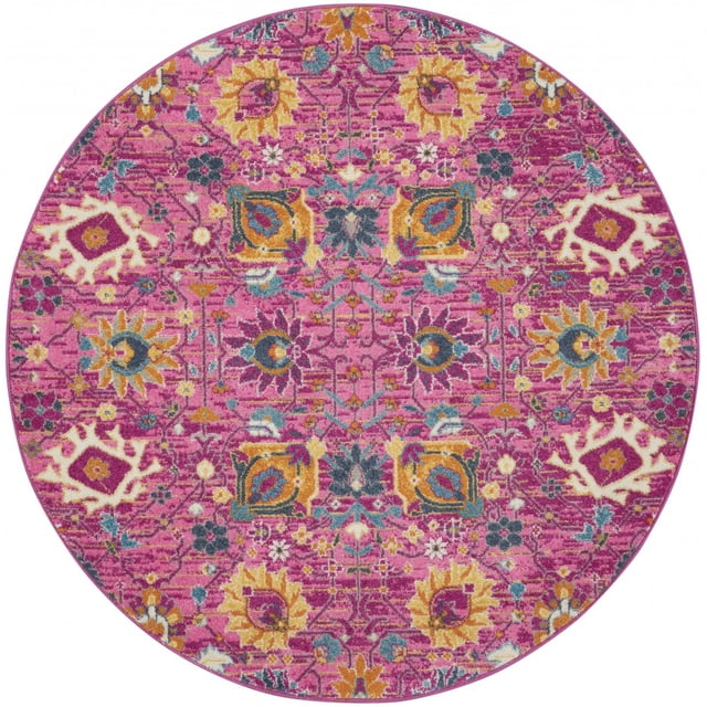 homeroots home decor 385195 5’ Round Fuchsia and Orange Distressed Area Rug