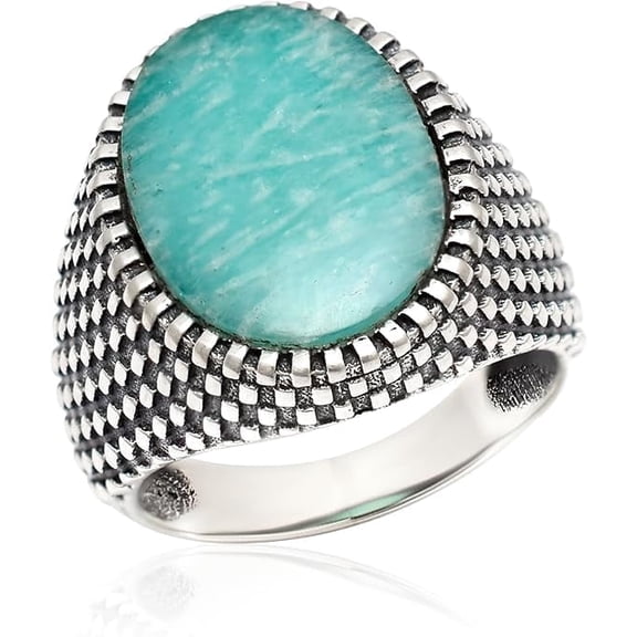 Men’s Genuine Amazonite Pinky Ring in 925 Sterling Silver, Handmade Vintage Oval Signet Ring, Statement Jewelry Gift for Him