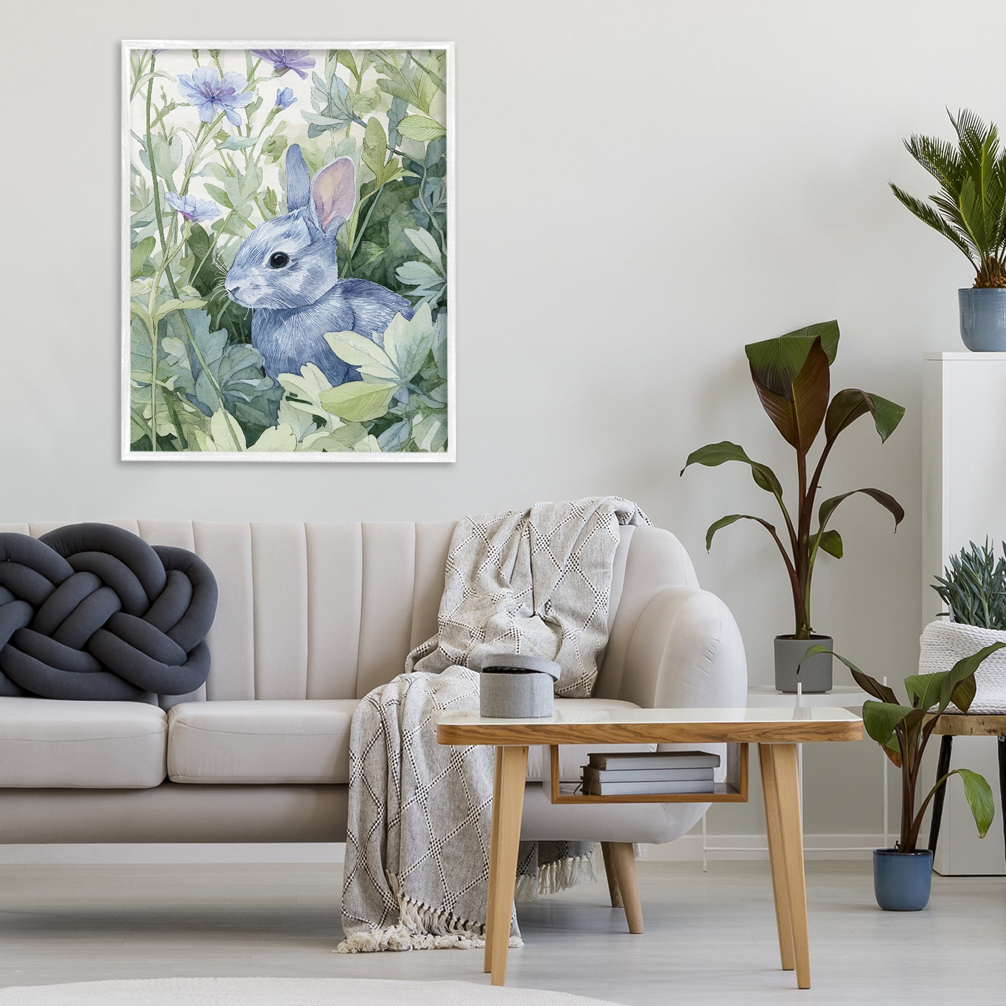 Stupell Industries Blue Bunny Among Leaves White Framed Giclee Art, design by Franklyn Gregory