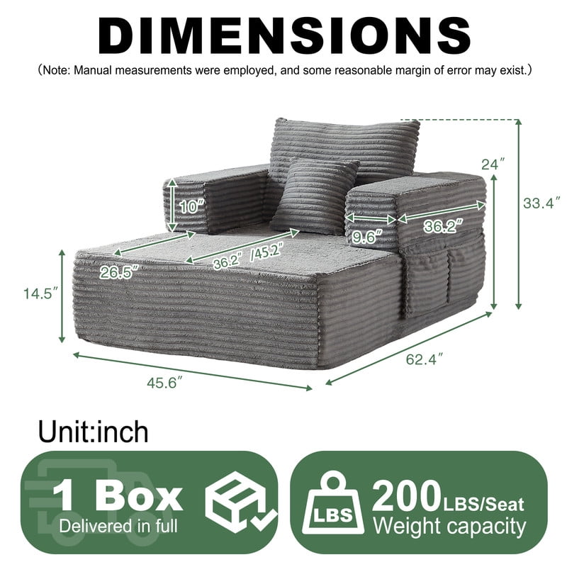 Single-Seater Upholstered Lazy Sofa, Floor Lounge Chair with Back Cushion & Throw Pillow, Oversized Chaise Lounge with Pockets