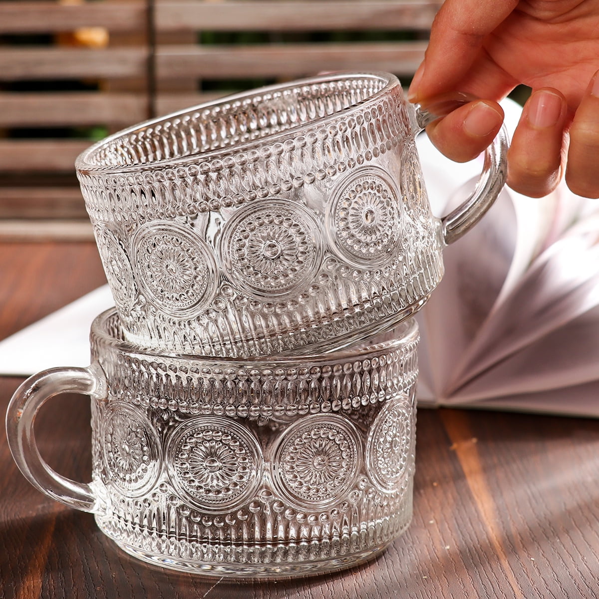 Coffee Cup Vintage Glass Mugs 14 Ounces Set of 4 Embossed Tea Cups  Stackable with Four Spoons for Cereal, Yogurt, Latte, Clear Breakfast Cups  for Hot or Cold Beverages (2*Flower+2*Beads) 
