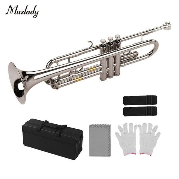 Muslady Standard Bb Trompette Laiton Matériel Nickelé Instrument à Vent  avec Embout Buccal Porter Sac Gants Chiffon de Nettoyage 