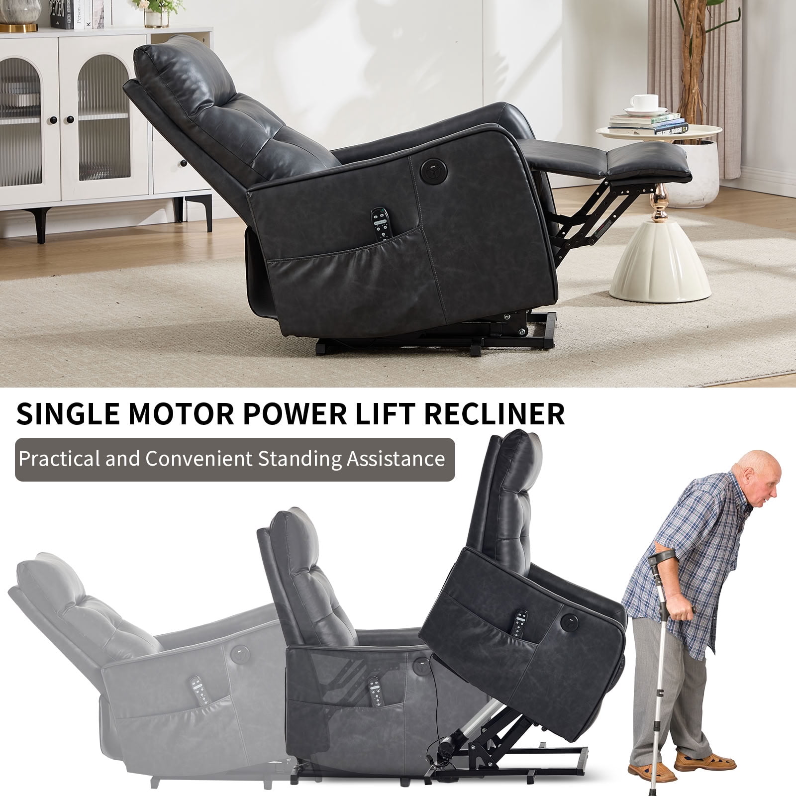 MAYEERTY PU Leather Power Lift Recliner Chair for Elderly, Single Motor Electric Lift Chair with 8-Point Massage & Lumbar Heat, USB Charging Port, for Living Room