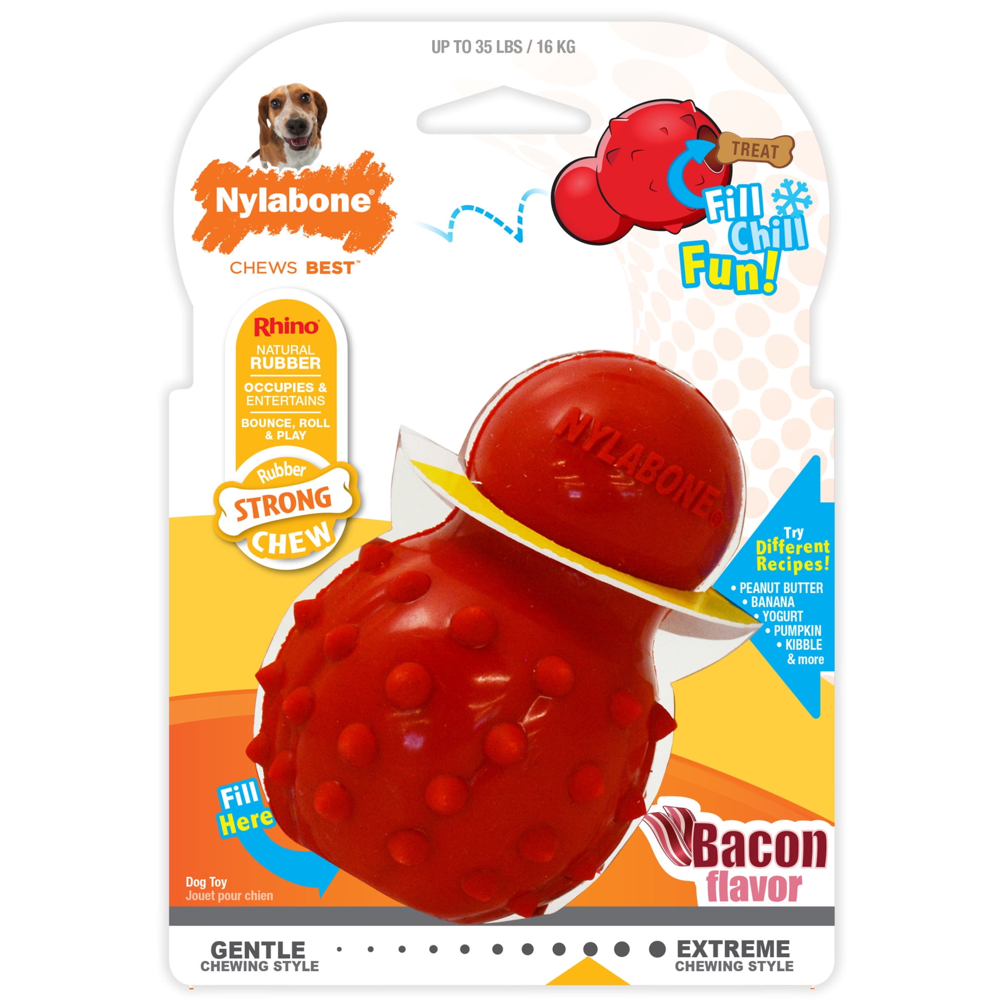 Nylabone Strong Chew Rubber Stuffable Cone Dog Treat, Dog Toys, Bacon Flavor, Red, Medium