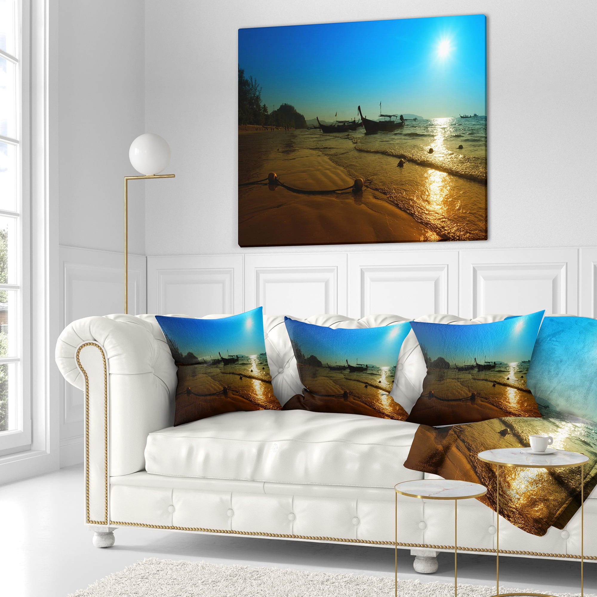 Designart Sunset with Boats in Andaman Sea - Modern Seascape Throw Pillow - 16x16