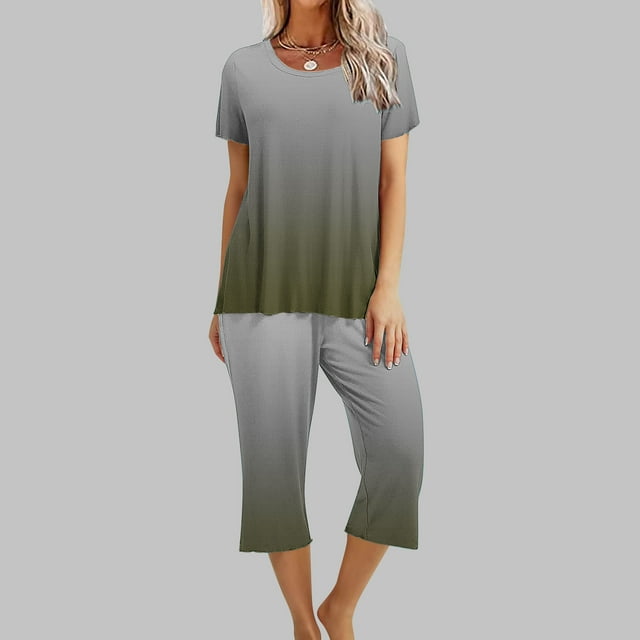 Offre Hebdomadaire d'Été Iumwxz Pyjamas Décontractés Fluides Ensembles Deux Pièces pour Femmes Dégradé Graphique Col Rond Manches Courtes Taille Élastique Pantalons Courts Ensembles Deux Pièces pour Cadeaux de Vacances pour Femmes