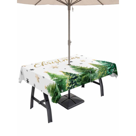 Outdoor Tablecloth with Umbrella Hole and Zipper, Merry Christmas Tree Rectangle Table Cloth 60x84 Inch Waterproof Tablecloth, Xmas Green Forest Tree Snowflake Picnic Table Cover for Patio Camping