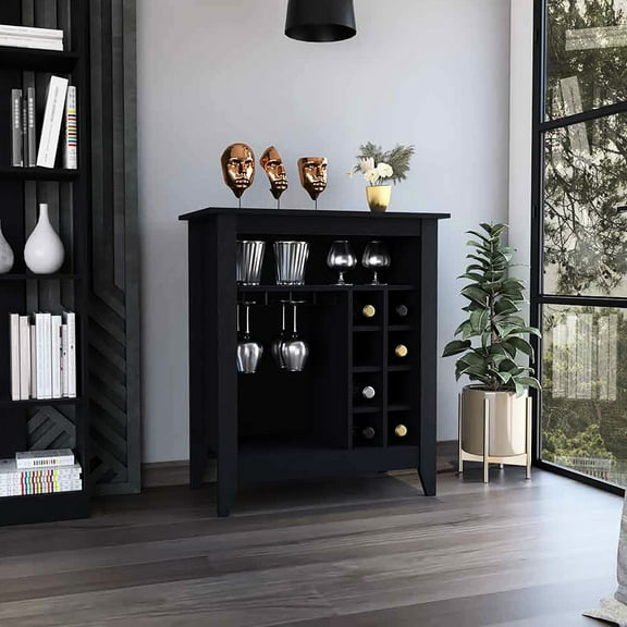 Modern Bar Cabinet With Six Wine And One Open Shelf In Black Finish For Style Attractive