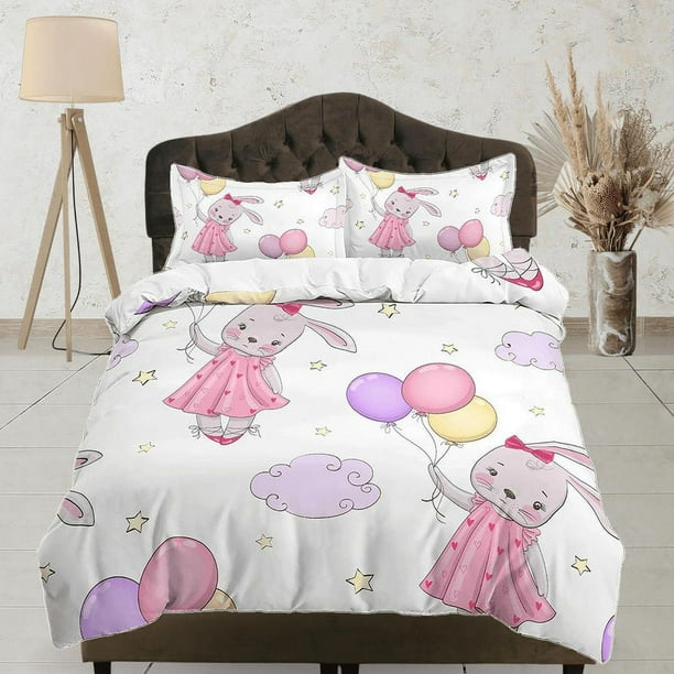 Conejito lindo con la ropa de cama de los globos, juego de funda nórdica y funda de almohada, ropa de cama con cremallera,