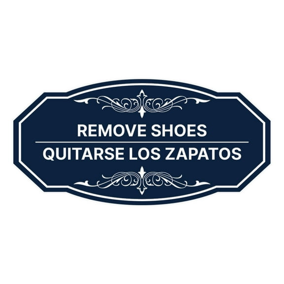 Signs ByLITA Victorian Remove Shoes- Quitarse los zapatos Bilingual Sign (Navy Blue / White) - Large