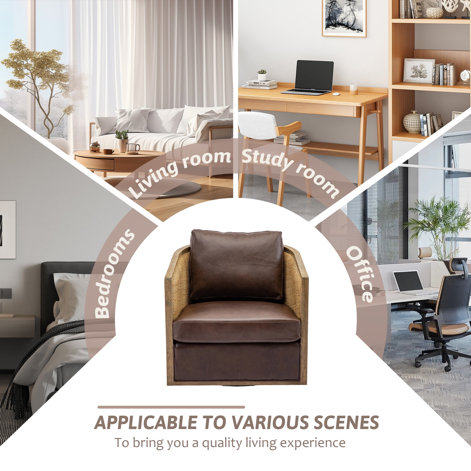 MOONMISS PU Leather Upholstered 360°Swivel Hardwood and Rattan Frame Round Barrel Chair-Brown
