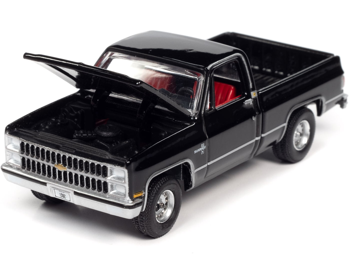 1982 Chevrolet Silverado 10 Fleetside Pickup Truck Black w/Red Interior Ltd Ed 16904 pcs 1/64 Diecast Model Car by Autoworld