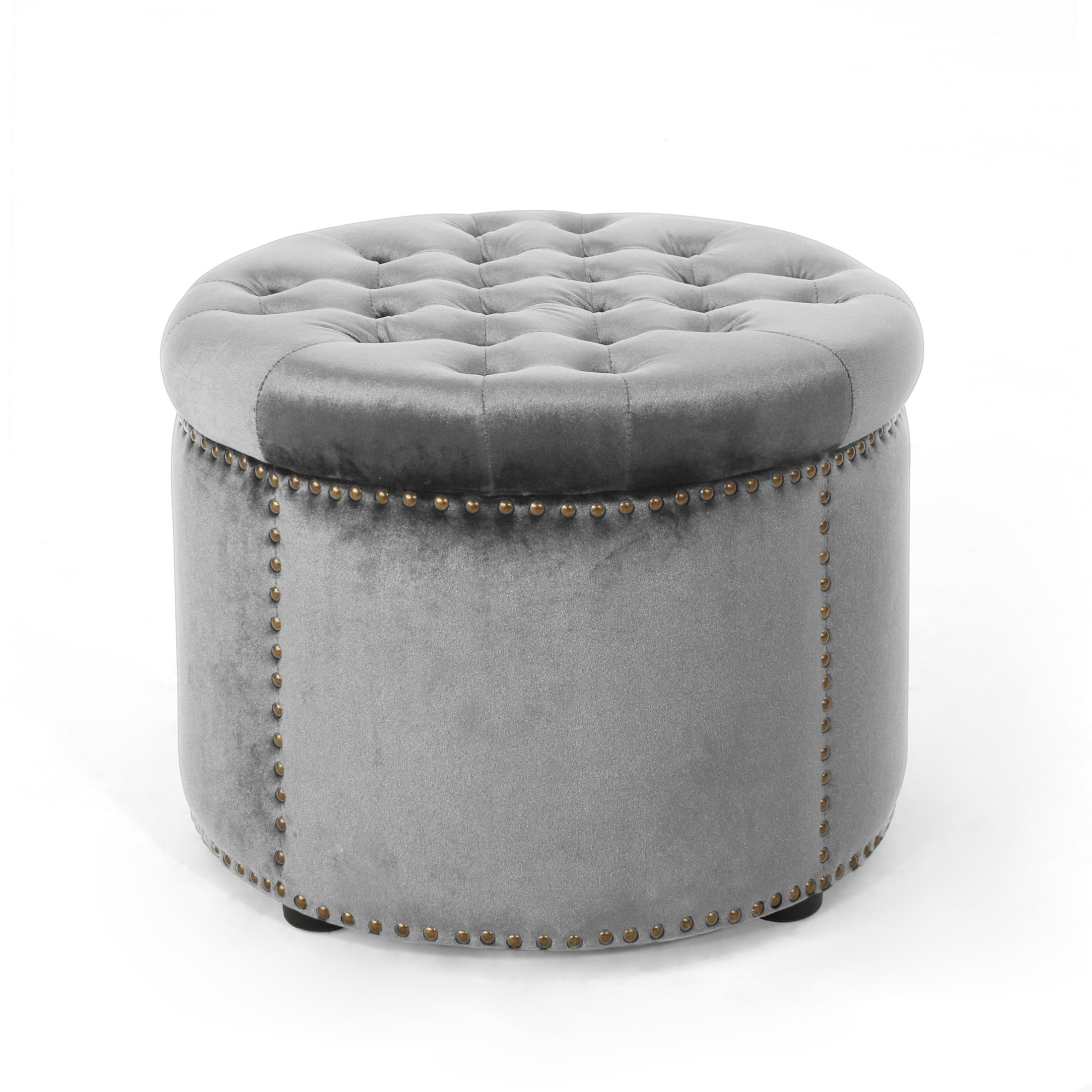 Leavitt Luxurious Emerald Velvet Round Ottoman with Studded Rim, Grey