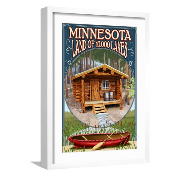 Art.com Minnesota - Cabin and Lake Art Print by Lantern Press, White Frame Wall Art, 17" x 23"