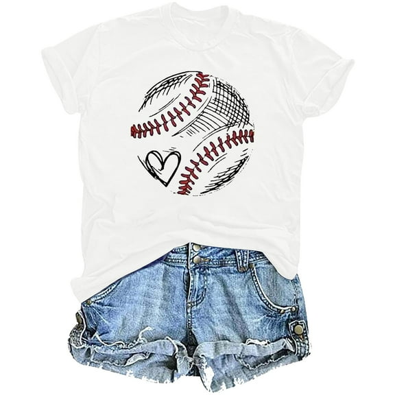 Women's Baseball T Shirts Summer Cute Graphic Crew Neck Short Sleeve Tops Casual Loose Classic Basic Blouses (XL, White)