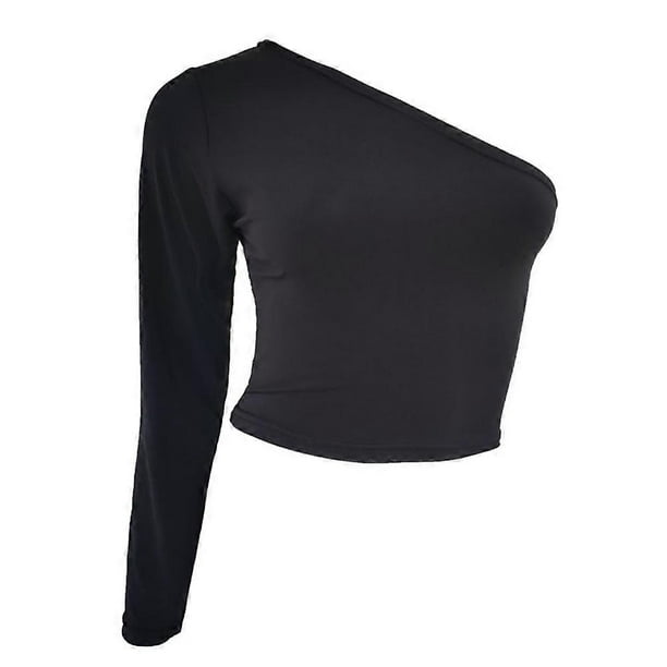 One Sleeve Top Women T-Shirt Long Sleeve - One Shoulder Casual Wear Black Size M 1Pack