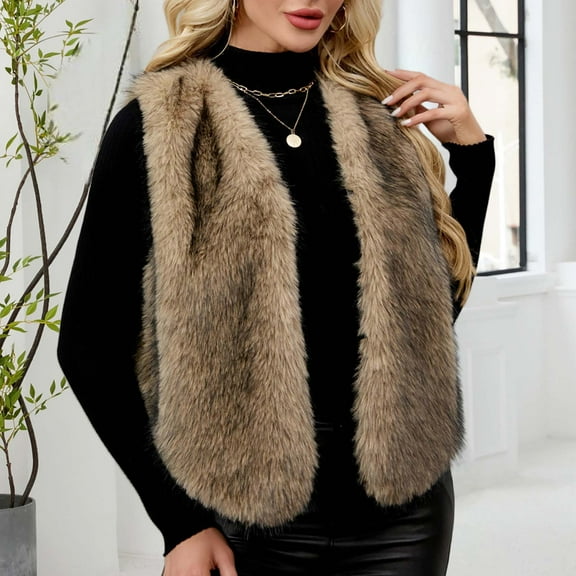 AUNVITO Women Sleeveless Faux Fur Vest Solid Color V-Neck Thermal Warm Winter Coat Jacket No Sleeve Outerwear
