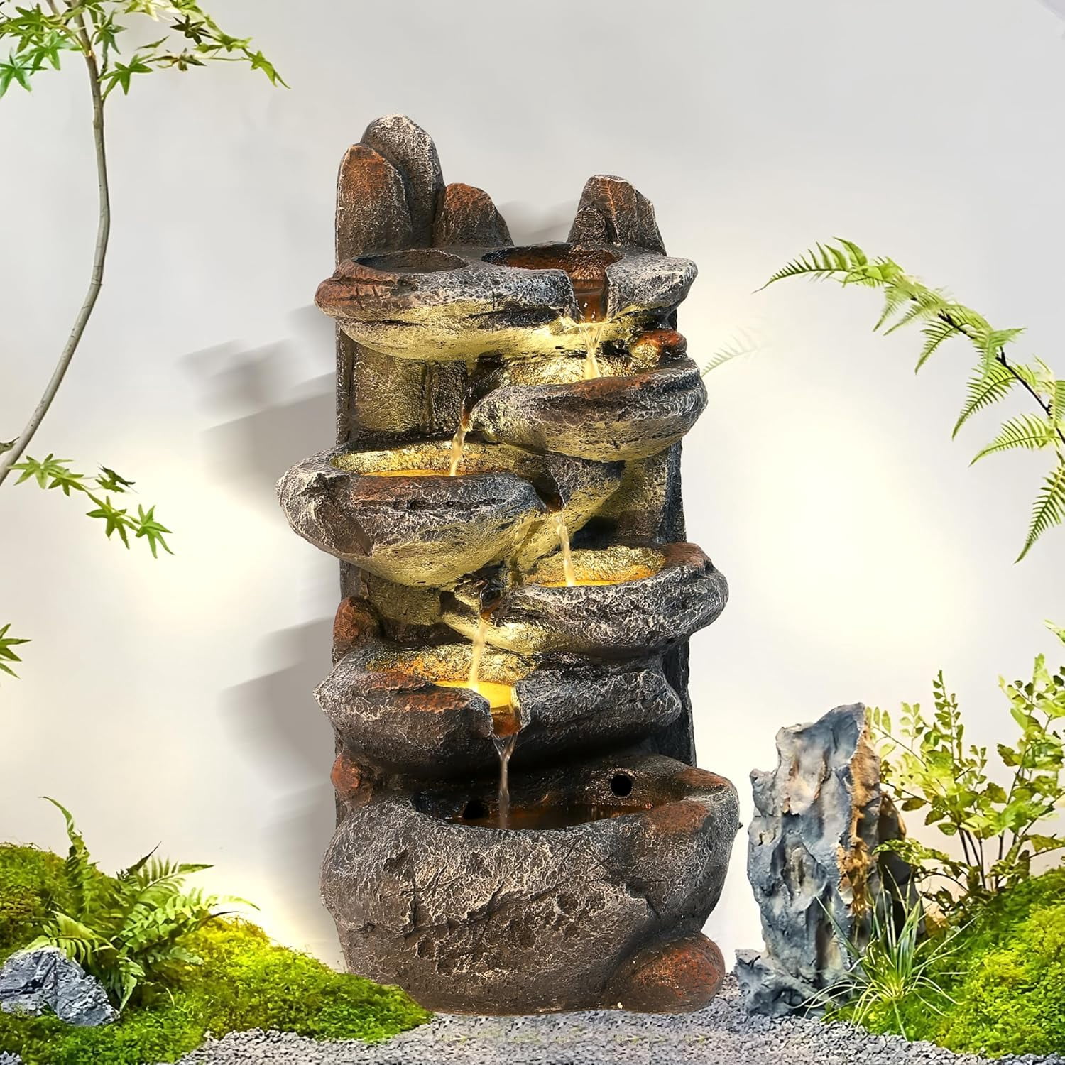 WJSP Gray 6-Tier Cascading Rock Water Fountain 35x30x68cm Outdoor Freestanding Waterfall with LED Light Pump Natural Stone Look for Garden Patio Yard