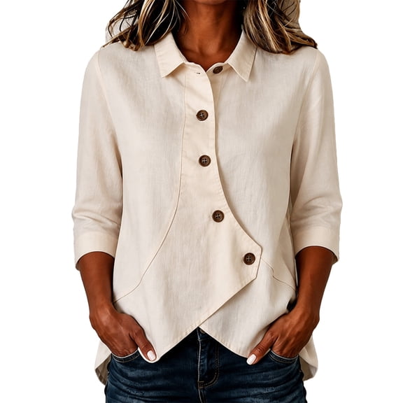 Summer Sales Womens Summer Tops Asymmetrical Placket Collar Linen‑Blend Button Casual Blouse Oversized Tshirts for Women