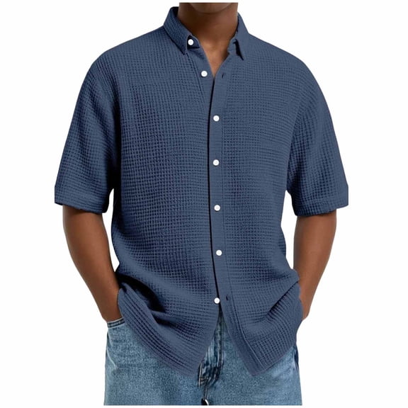 Chiccall Mens Button Down Shirt Short Sleeve Loose Fit Textured Knit Summer Beach Solid Tops
